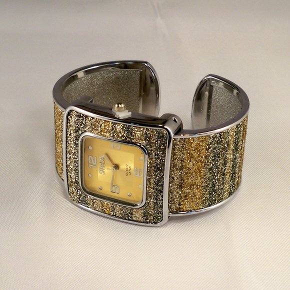 New Vintage Strada Gold Green Crystal Cuff Watch main image 4